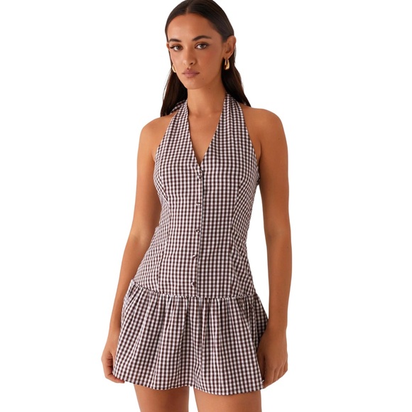 Peppermayo Dresses & Skirts - Peppermayo Dropped Waist Shirred Halter Mini Dress - Chocolate Gingham